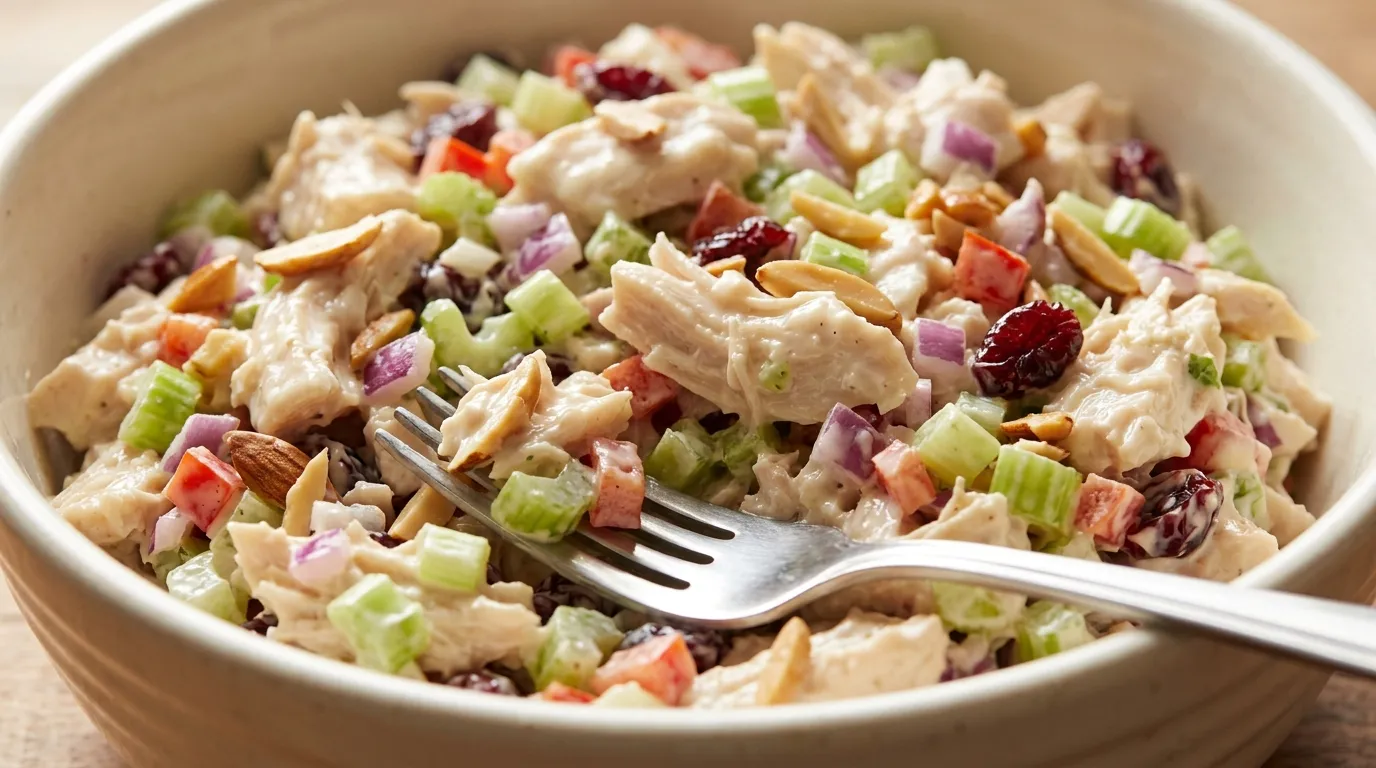 Close-up of creamy chicken salad recipe with fork, showing tender chicken and crisp vegetables in glossy dressing