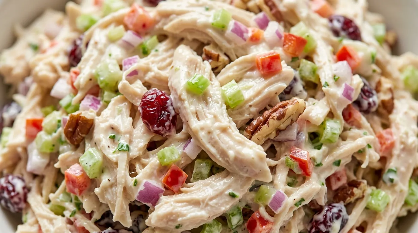 Creamy Chicken Salad Recipe With High-Protein Twist Close-up of creamy chicken salad recipe with shredded chicken, celery, red onion, and glossy dressing