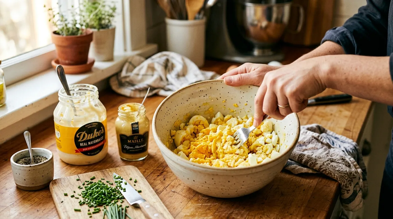 Bowl of freshly boiled eggs being mashed with fork for creamy egg salad sandwich