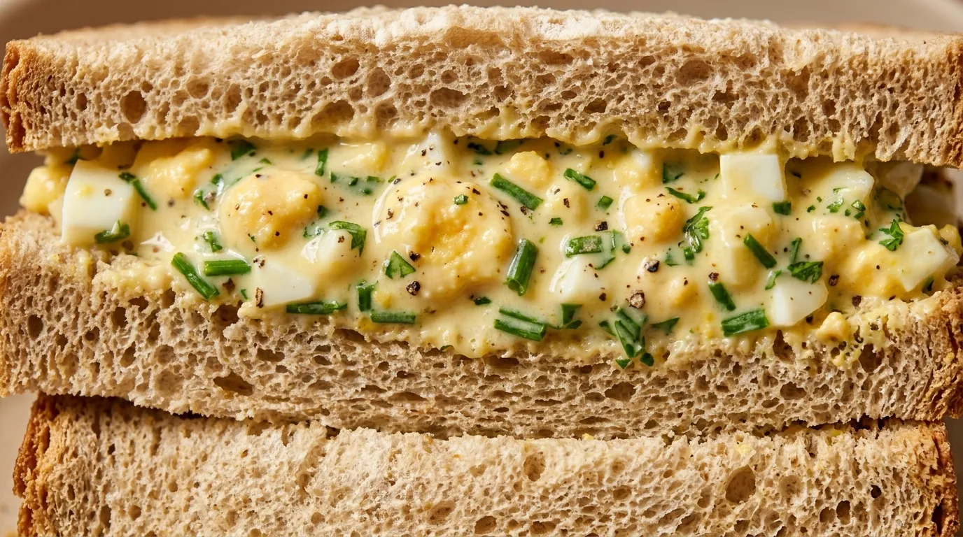 Close-up of creamy egg salad sandwich half-cut, showing velvety filling with chives
