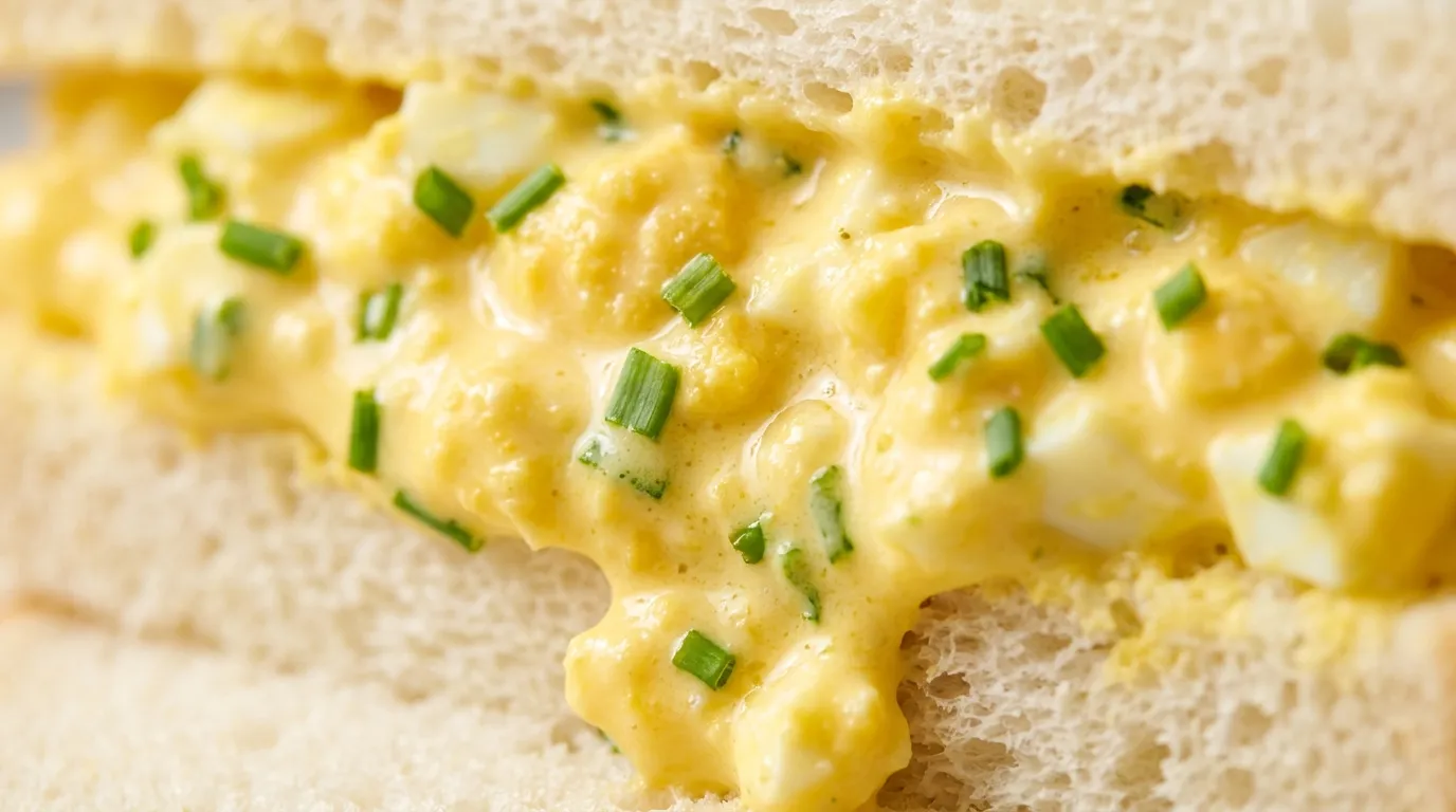 Extreme close-up of creamy egg salad sandwich with mashed yolks and chives on soft bread