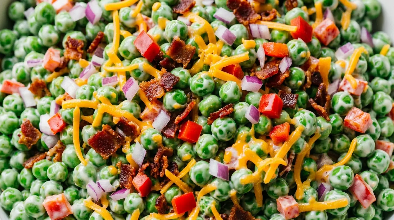 Creamy Pea Salad Recipe with Cheese and Fresh Herbs Close-up of creamy pea salad with cheddar, bacon, red peppers in glossy dressing
