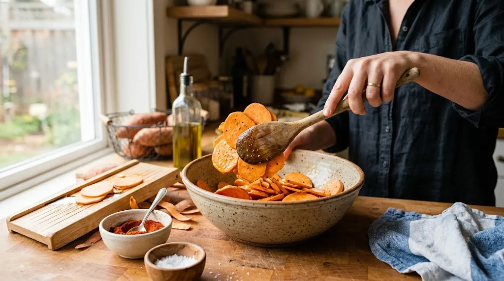 Hand stirring sweet potato slices in a bowl with oil and seasonings