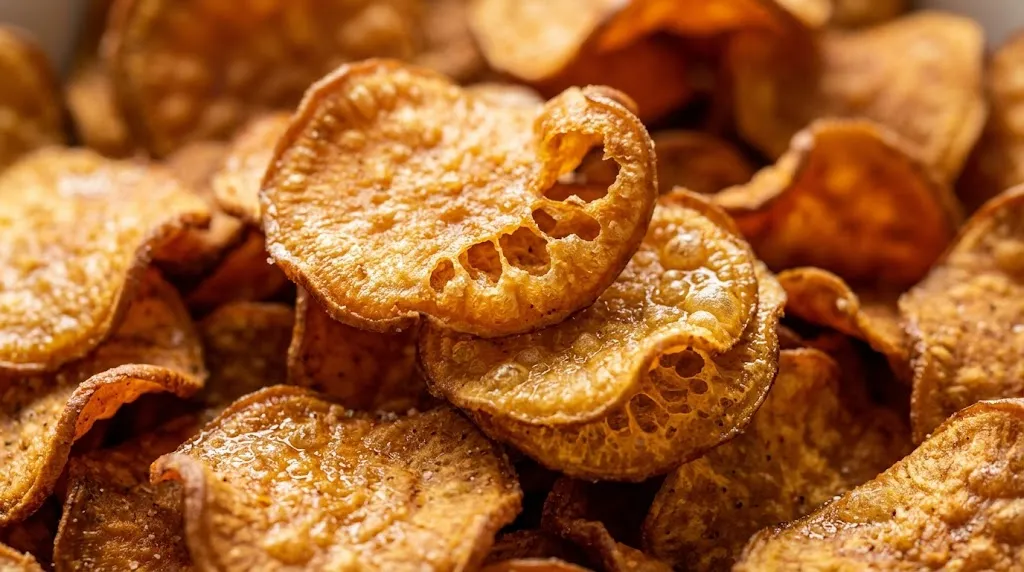 Close-up of ready-to-eat crispy air fryer sweet potato chips showing golden texture