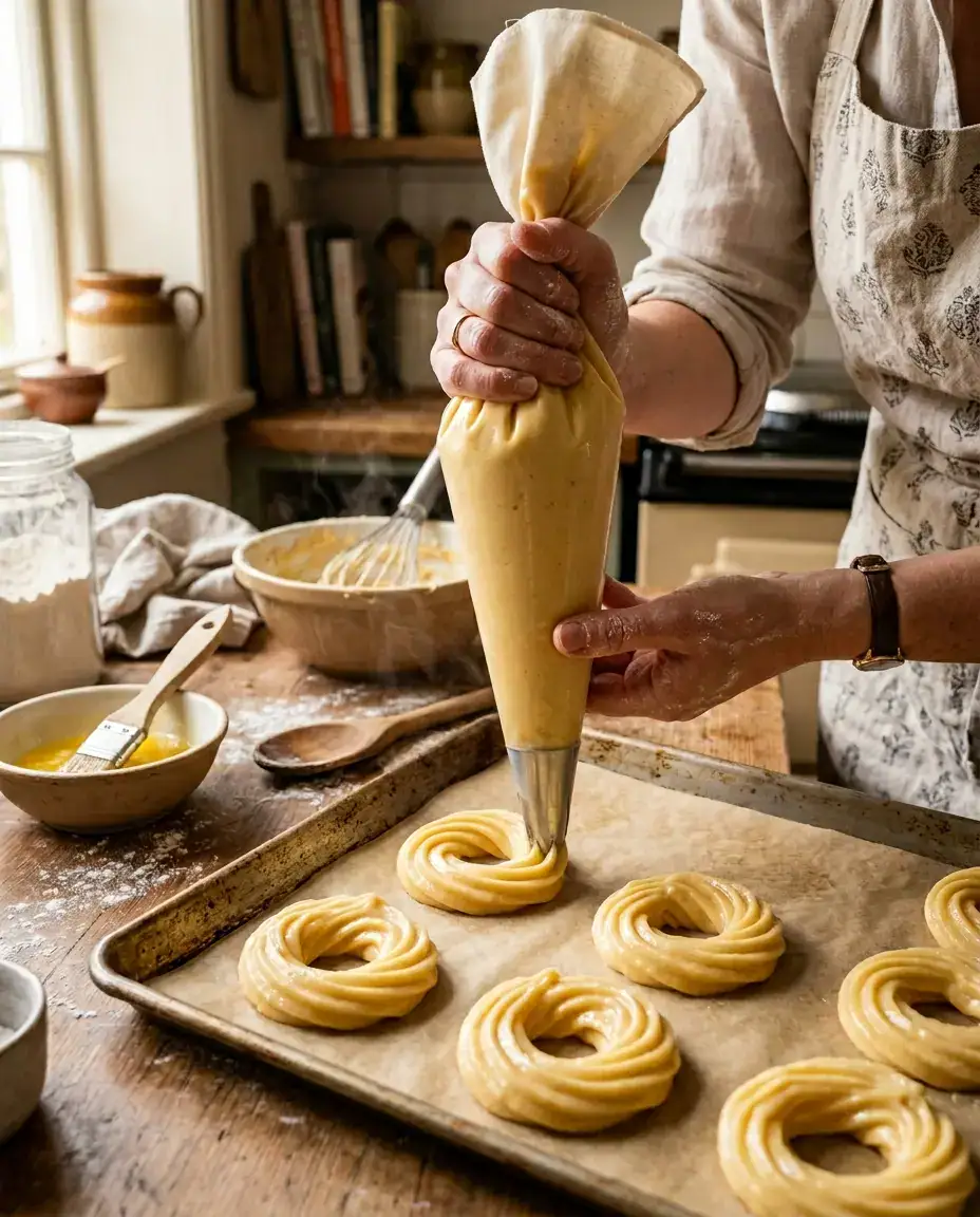 Hands piping choux dough into cruller donut shapes on a parchment-lined sheet