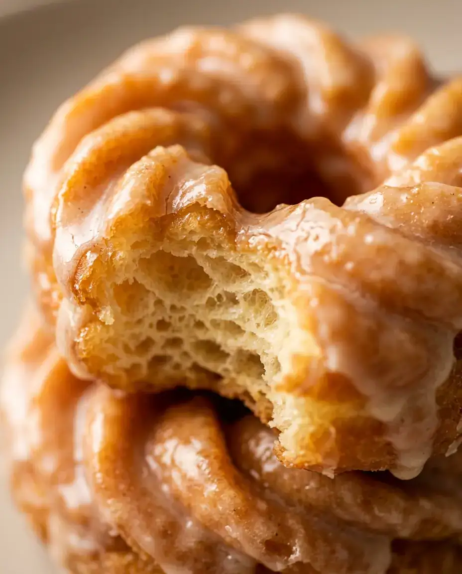 Close-up of a cruller donut with a bite revealing airy interior and glazed top