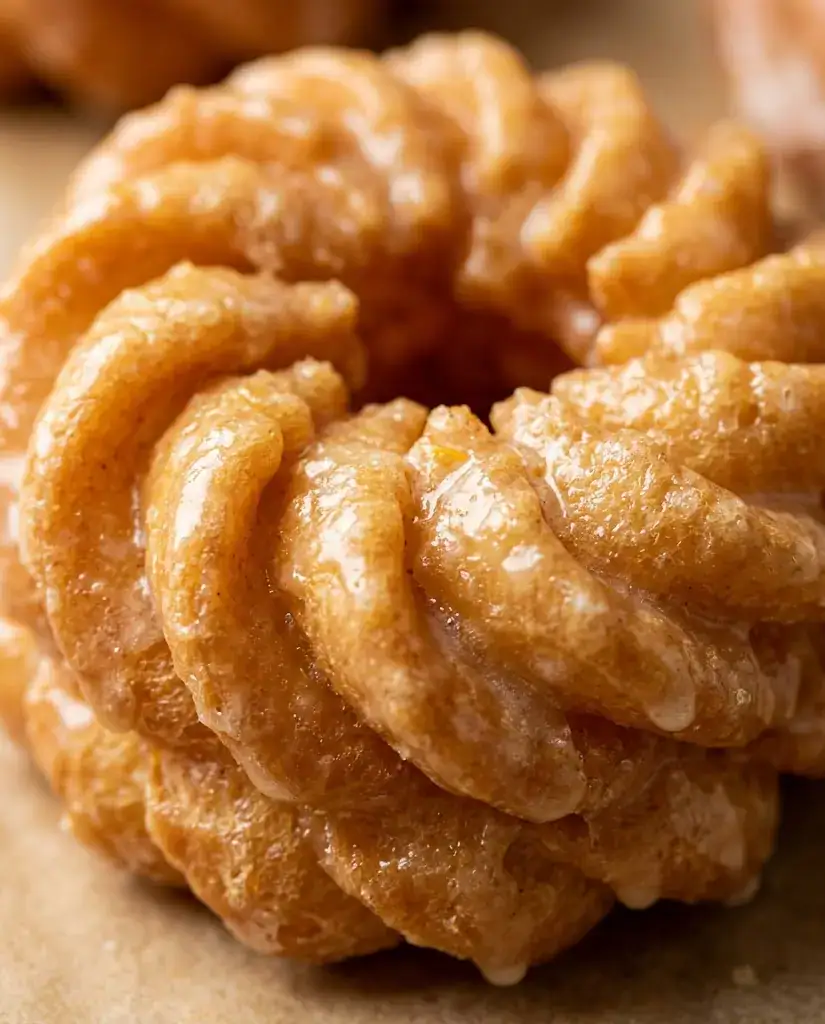 Extreme close-up of a golden cruller donut with ridged choux pastry and vanilla glaze
