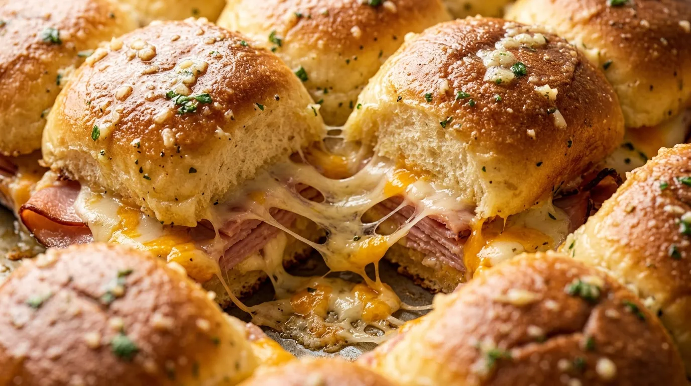Easy Baked Ham Cheese Sliders for Quick Party Meals Close-up of easy baked ham cheese sliders with melted cheddar and Swiss on golden rolls