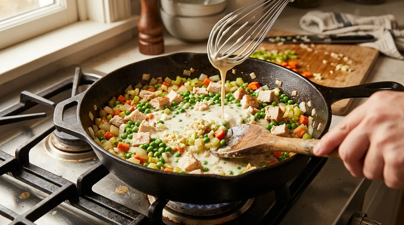 Skillet with vegetables, chicken, and creamy sauce cooking for easy chicken pot pie.
