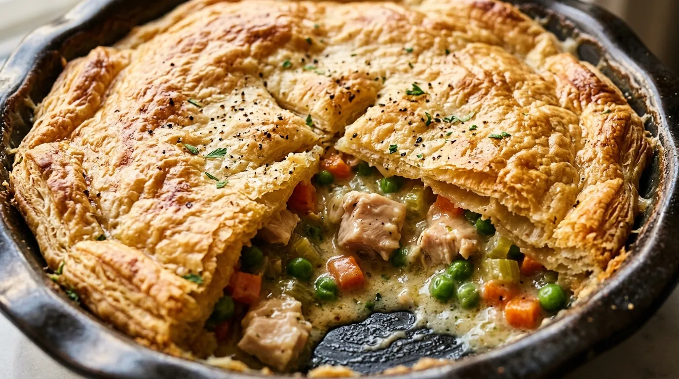 Easy chicken pot pie with wedge removed, showing creamy chicken, peas, and carrots inside.