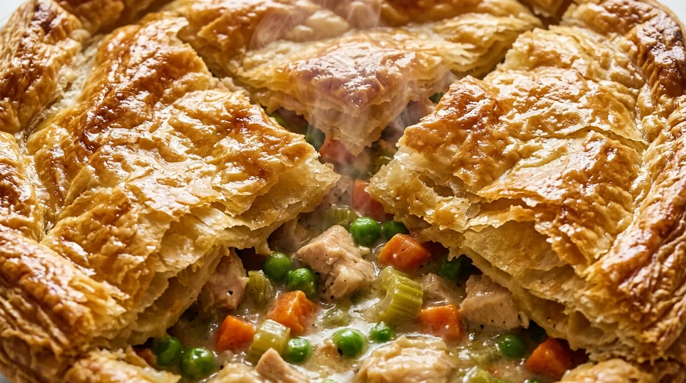 Easy Chicken Pot Pie Recipe with Puff Pastry Extreme close-up of golden, flaky easy chicken pot pie with creamy chicken and vegetables.