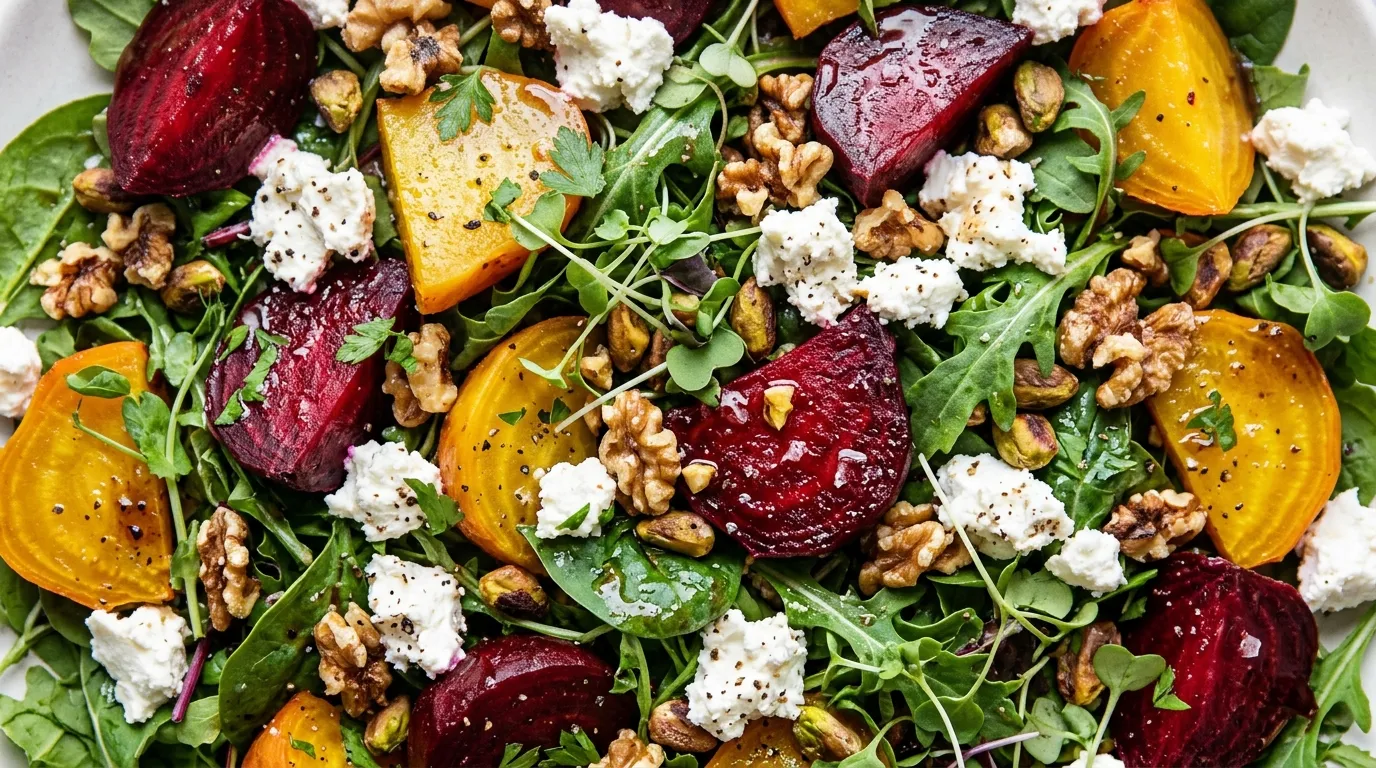 Easy Goat Cheese Beet Salad With Fresh Greens Close-up of easy goat cheese beet salad with red and golden beets, greens, goat cheese, and nuts