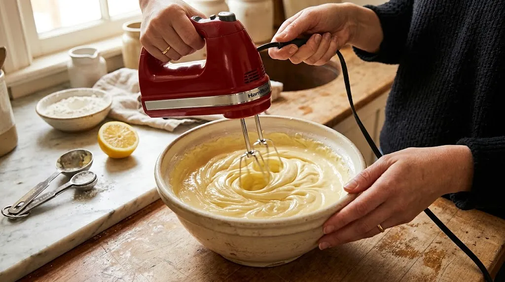 Medium bowl showing the process of making easy lemonade dip with mixer