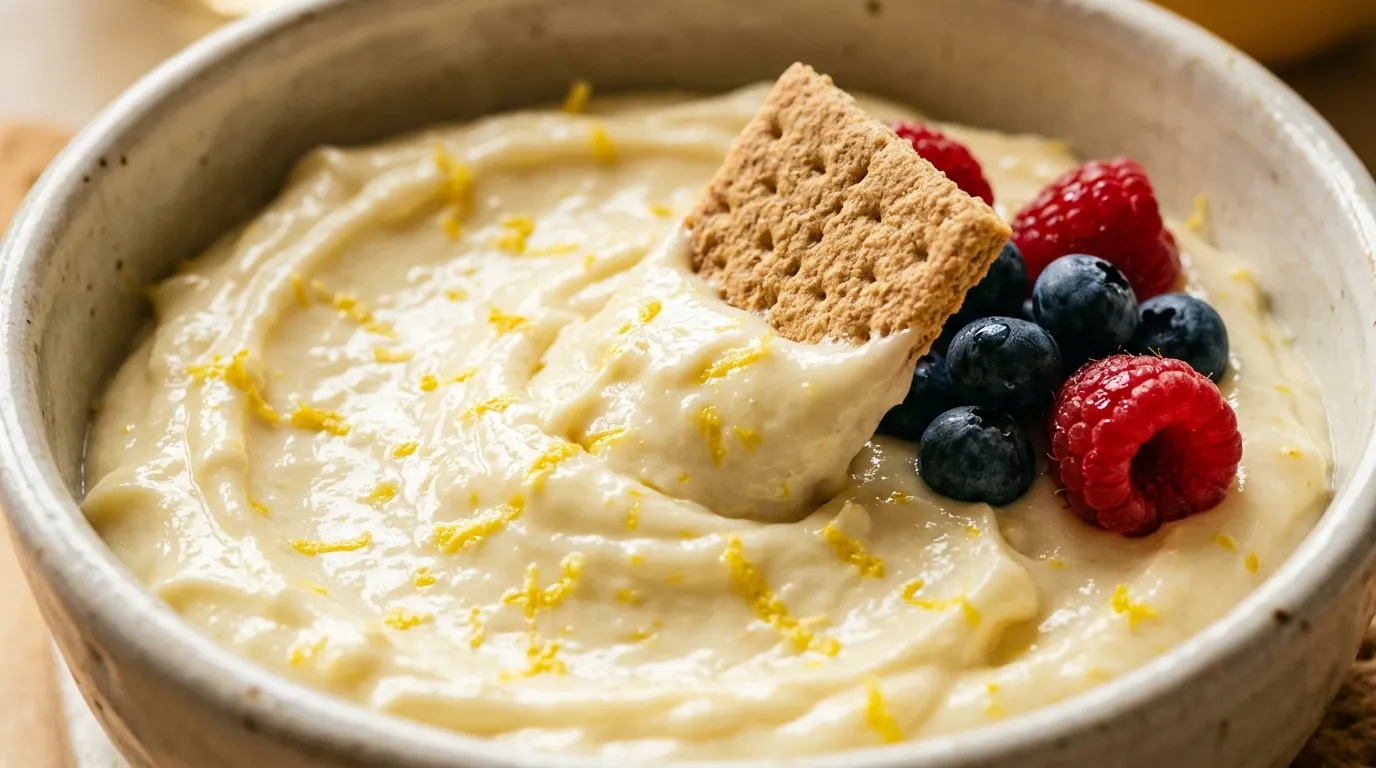 Close-up of easy lemonade dip with berries and graham cracker ready to eat