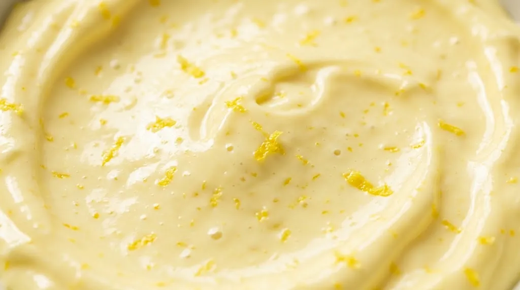 Easy Lemonade Dip Recipe With Zesty Fresh Flavor Extreme close-up of creamy, pale yellow easy lemonade dip with lemon zest