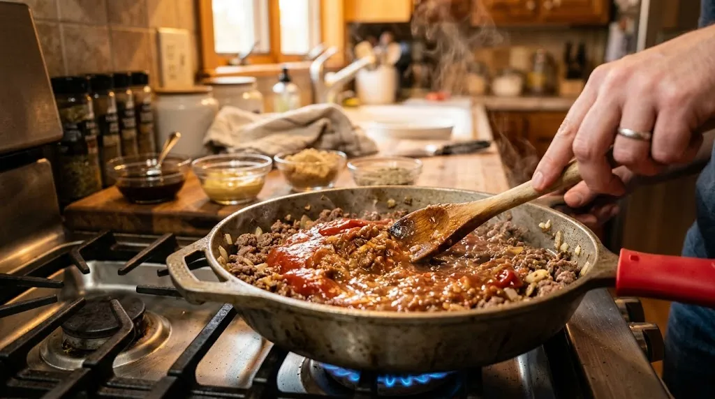 Easy sloppy joes recipe cooking in a skillet with ground beef, onions, garlic, and tomato sauce.