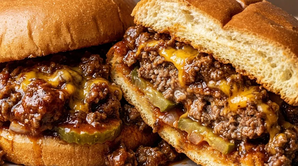 Easy sloppy joes recipe sandwiches filled with cheesy saucy beef on soft buns.