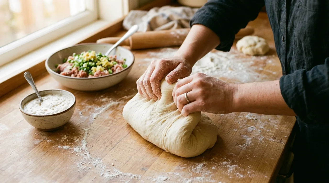 Kneading dough for easy yeast dumplings recipe with filling and yeast in background