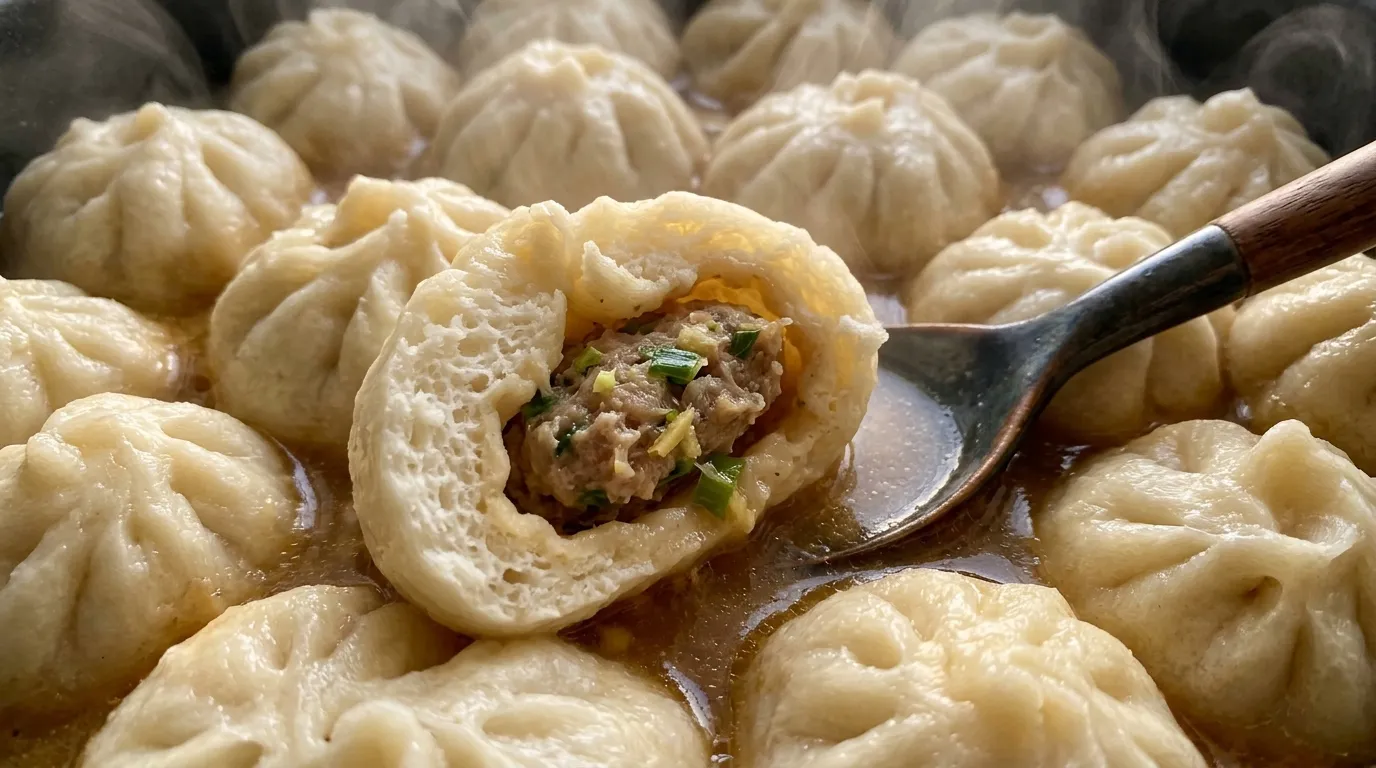 Easy yeast dumplings recipe steaming in broth, showing fluffy interior and pork filling