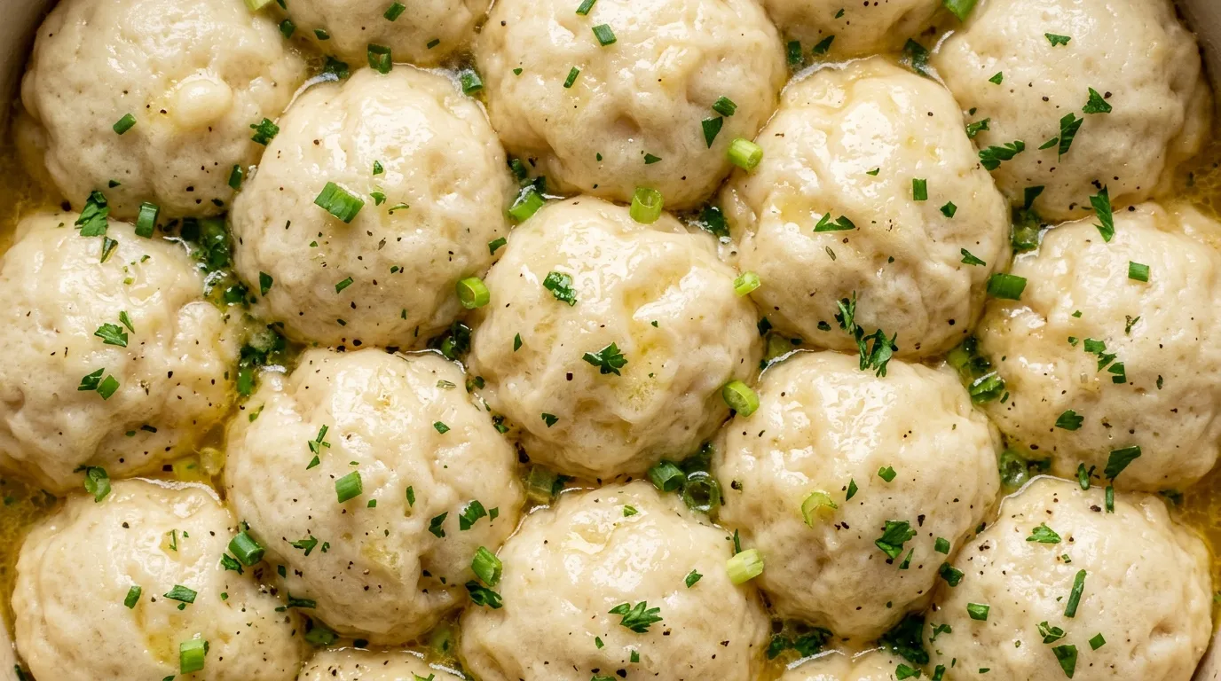 Easy Yeast Dumplings Recipe for Fluffy Steamed Dumplings Close-up of easy yeast dumplings recipe in golden broth with herbs and glossy tops