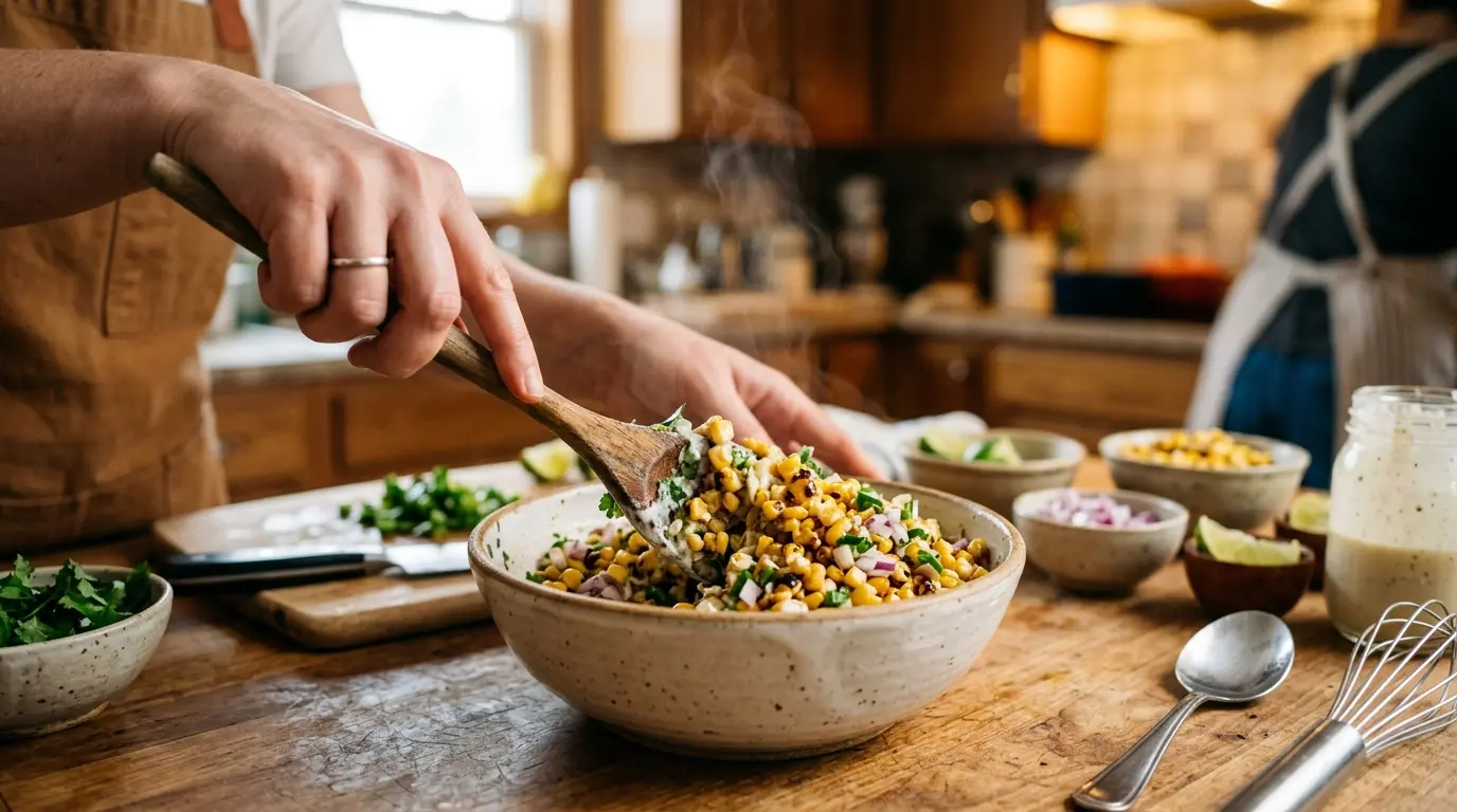 Skillet with corn and jalapeño sizzling with butter for elote corn salad