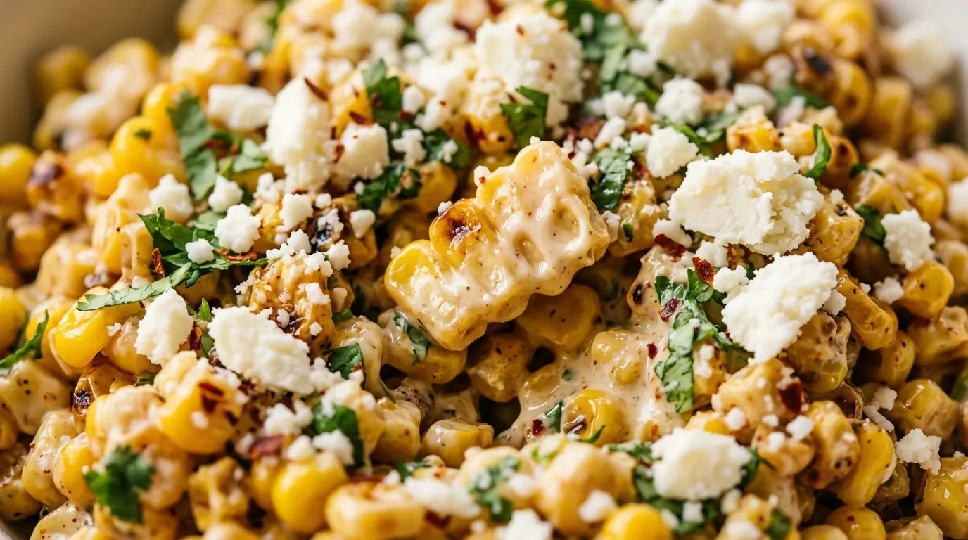 Close-up of creamy elote corn salad with cotija cheese and cilantro, ready to serve