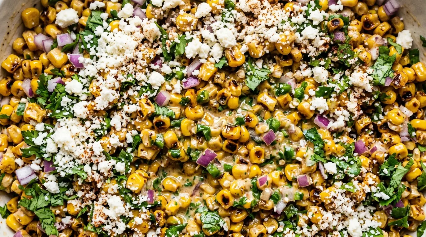 Overhead close-up of creamy elote corn salad with corn, cilantro, jalapeño, and cotija cheese