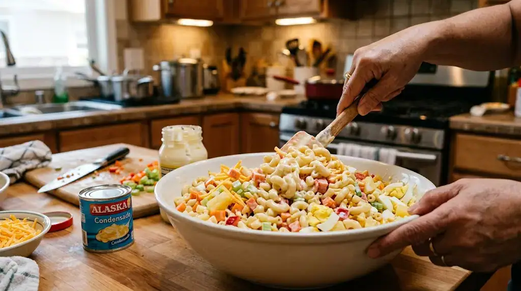 Filipino Macaroni Salad Recipe — Creamy and Easy Hands mixing Filipino macaroni salad with macaroni, vegetables, pineapple, cheese, and eggs in bowl