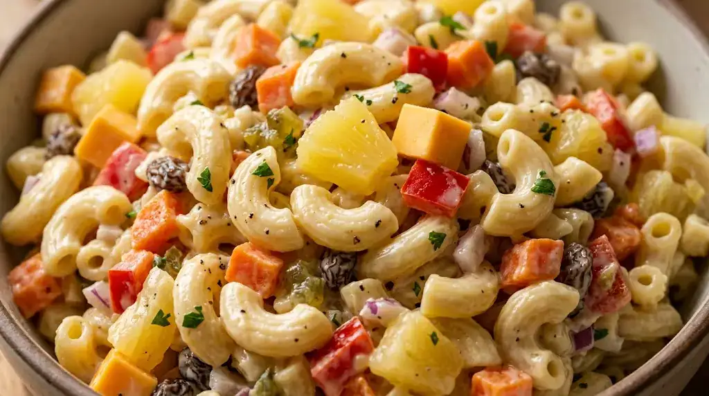 Filipino Macaroni Salad Recipe — Creamy and Easy Close-up of Filipino macaroni salad with creamy macaroni, vegetables, pineapple, cheese, and eggs