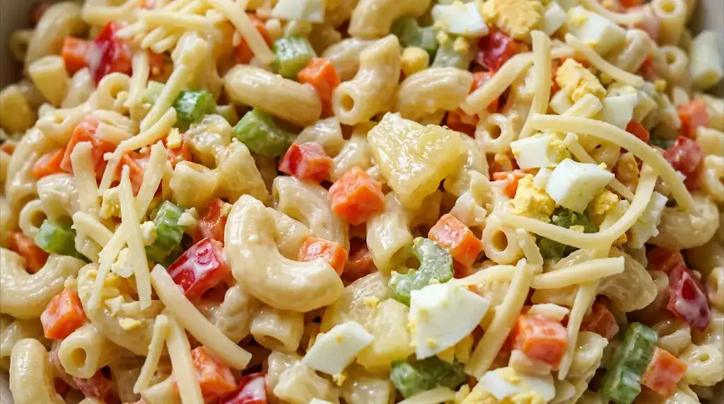 Filipino Macaroni Salad Recipe — Creamy and Easy Creamy Filipino macaroni salad with elbow macaroni, vegetables, pineapple, cheese, and eggs