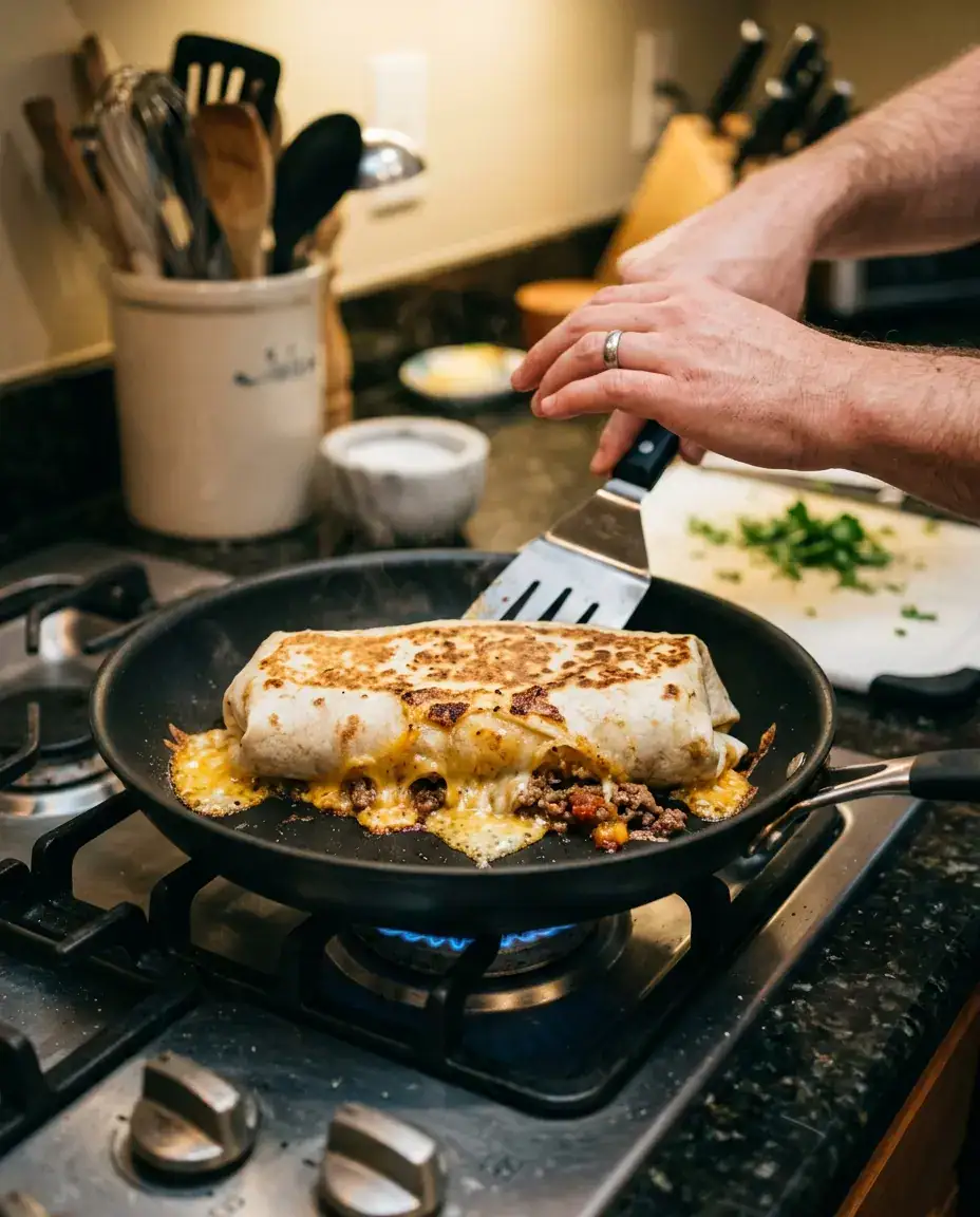 Grilled Cheese Burrito Loaded With Melty Cheese Grilled cheese burrito cooking in skillet with cheese bubbling and spatula pressing tortilla