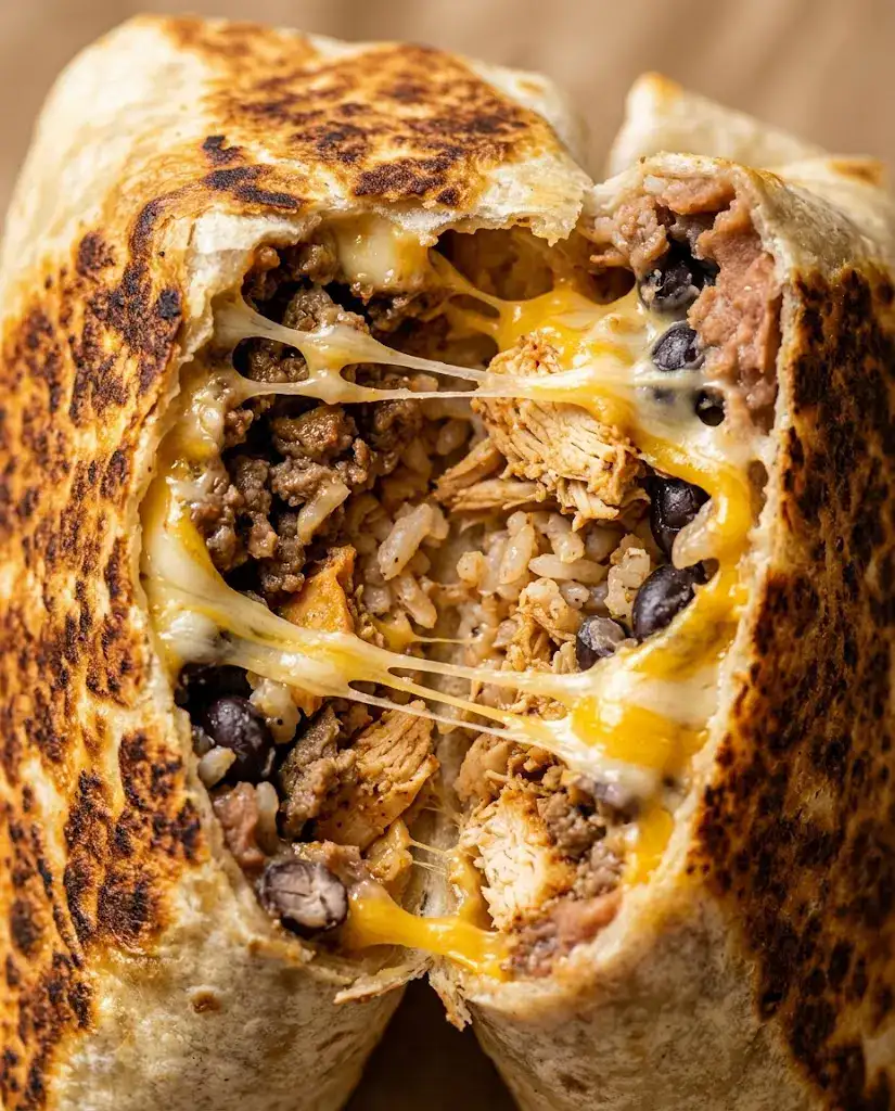 Grilled Cheese Burrito Loaded With Melty Cheese Grilled cheese burrito with a bite taken showing melted cheddar and golden tortilla
