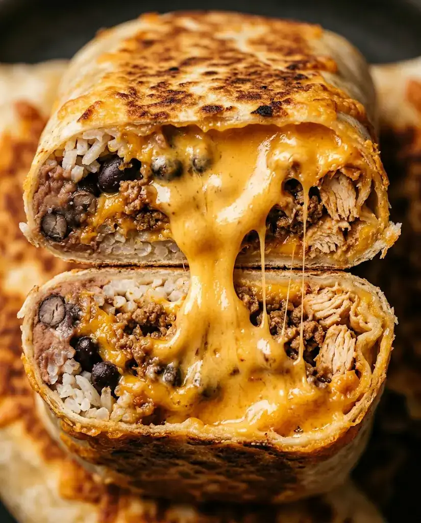 Grilled Cheese Burrito Loaded With Melty Cheese Grilled cheese burrito sliced in half with melted cheese oozing from golden tortilla