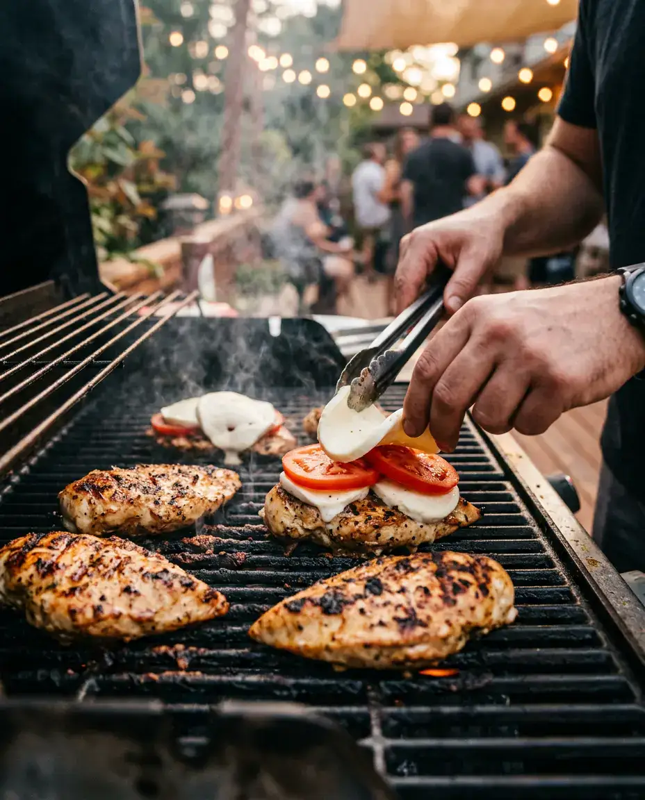 Hands layering tomatoes and mozzarella on grilled chicken margherita over sizzling grill