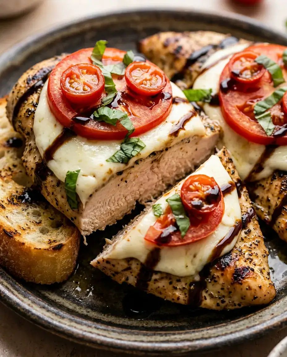 Close-up of sliced grilled chicken margherita with melted cheese, tomatoes, basil, and balsamic glaze