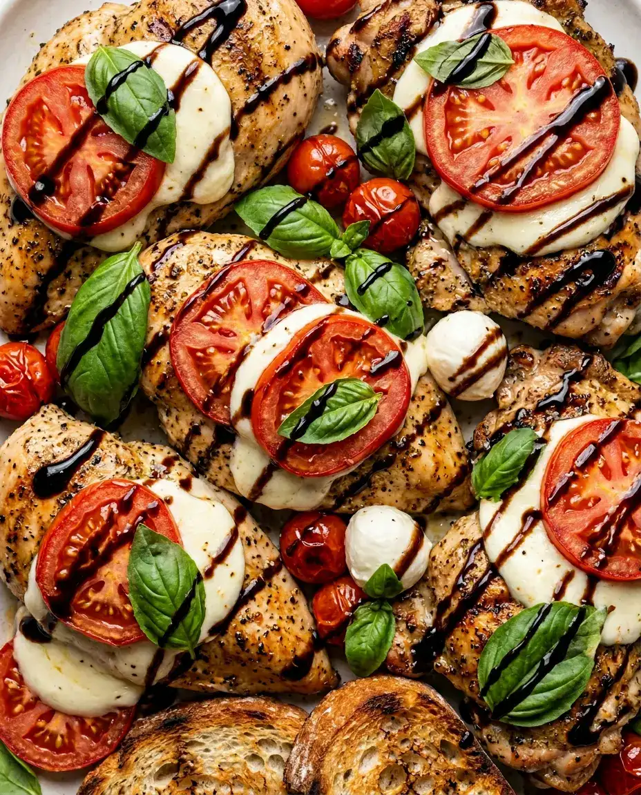 Close-up of grilled chicken margherita with melted mozzarella, fresh tomatoes, basil, and balsamic drizzle
