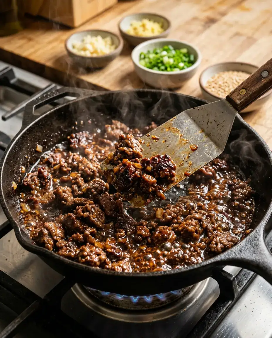 Ground beef bulgogi sizzling in skillet with spatula breaking apart, garlic and green onions blurred behind
