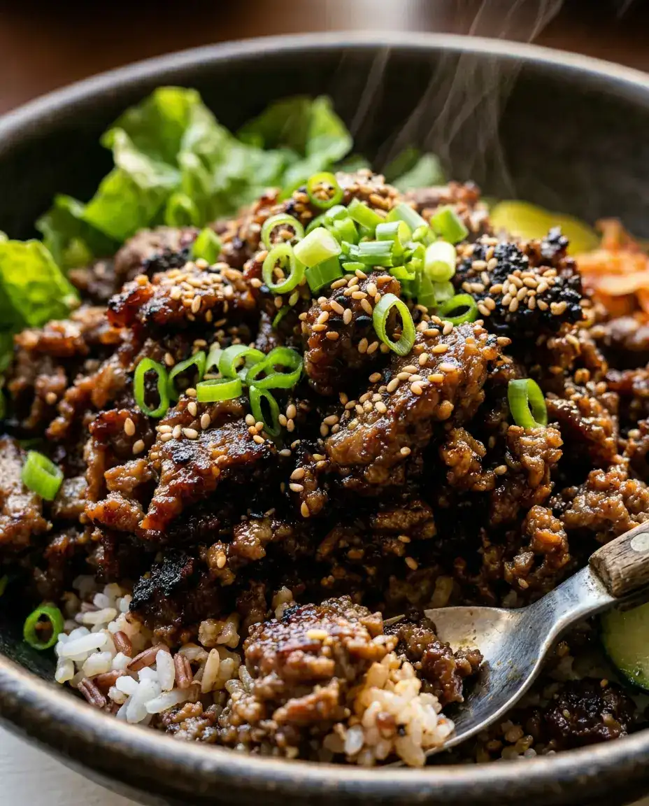 Ground beef bulgogi served over rice with green onions and sesame seeds, steam rising in warm light