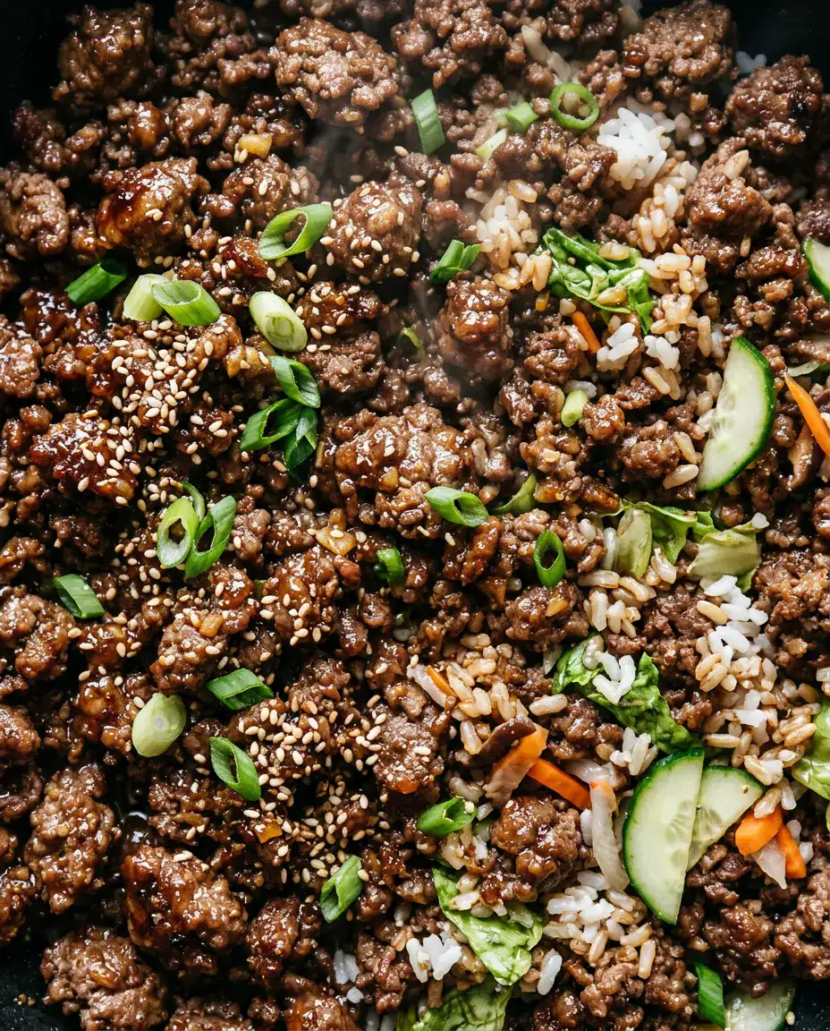 Overhead close-up of ground beef bulgogi with sesame seeds and green onions, steaming and glossy
