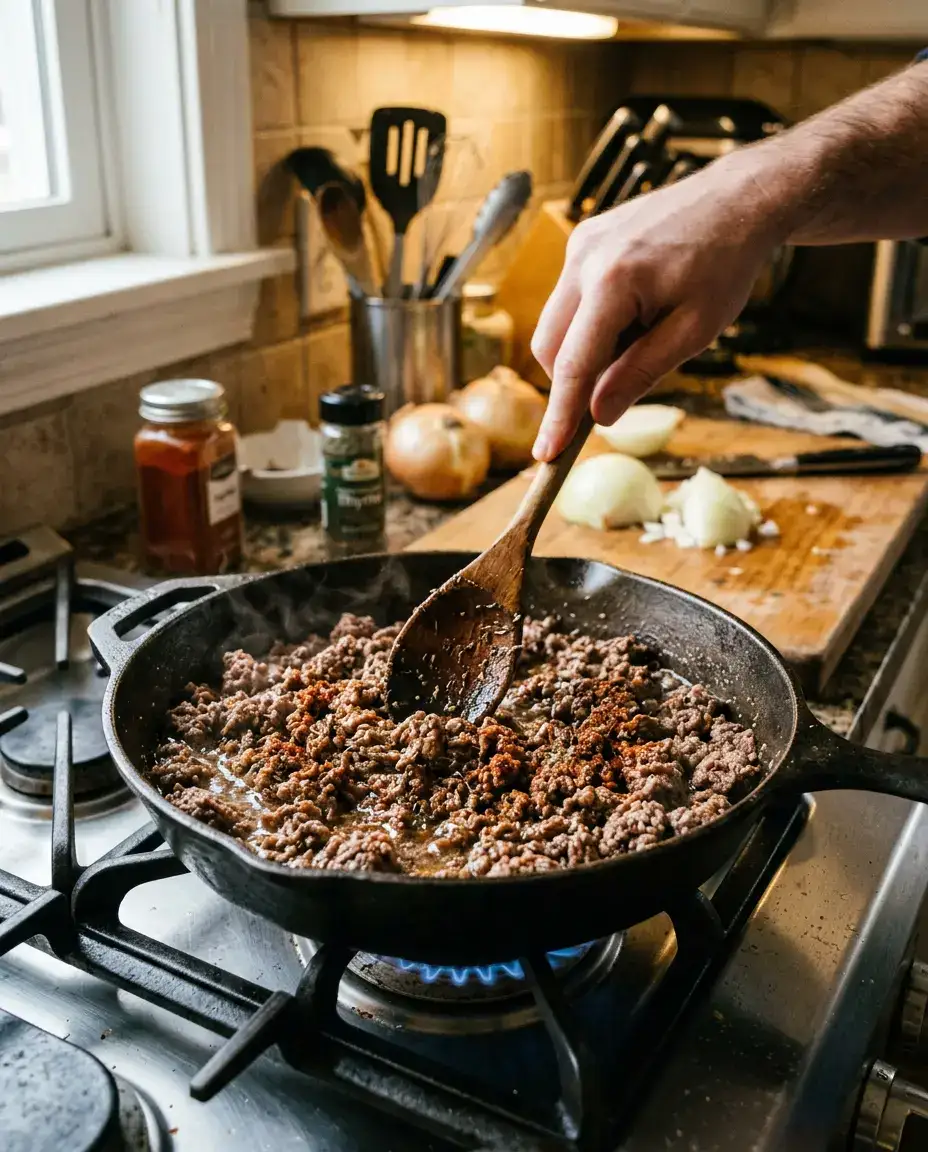 Hamburger Potato Casserole With Cheesy Beef Layers Skillet with ground beef cooking for hamburger potato casserole, wooden spoon stirring