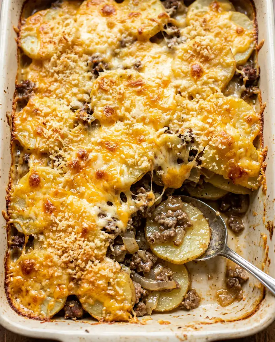 Hamburger Potato Casserole With Cheesy Beef Layers Close-up of hamburger potato casserole with a corner scooped, showing layers of potato and beef