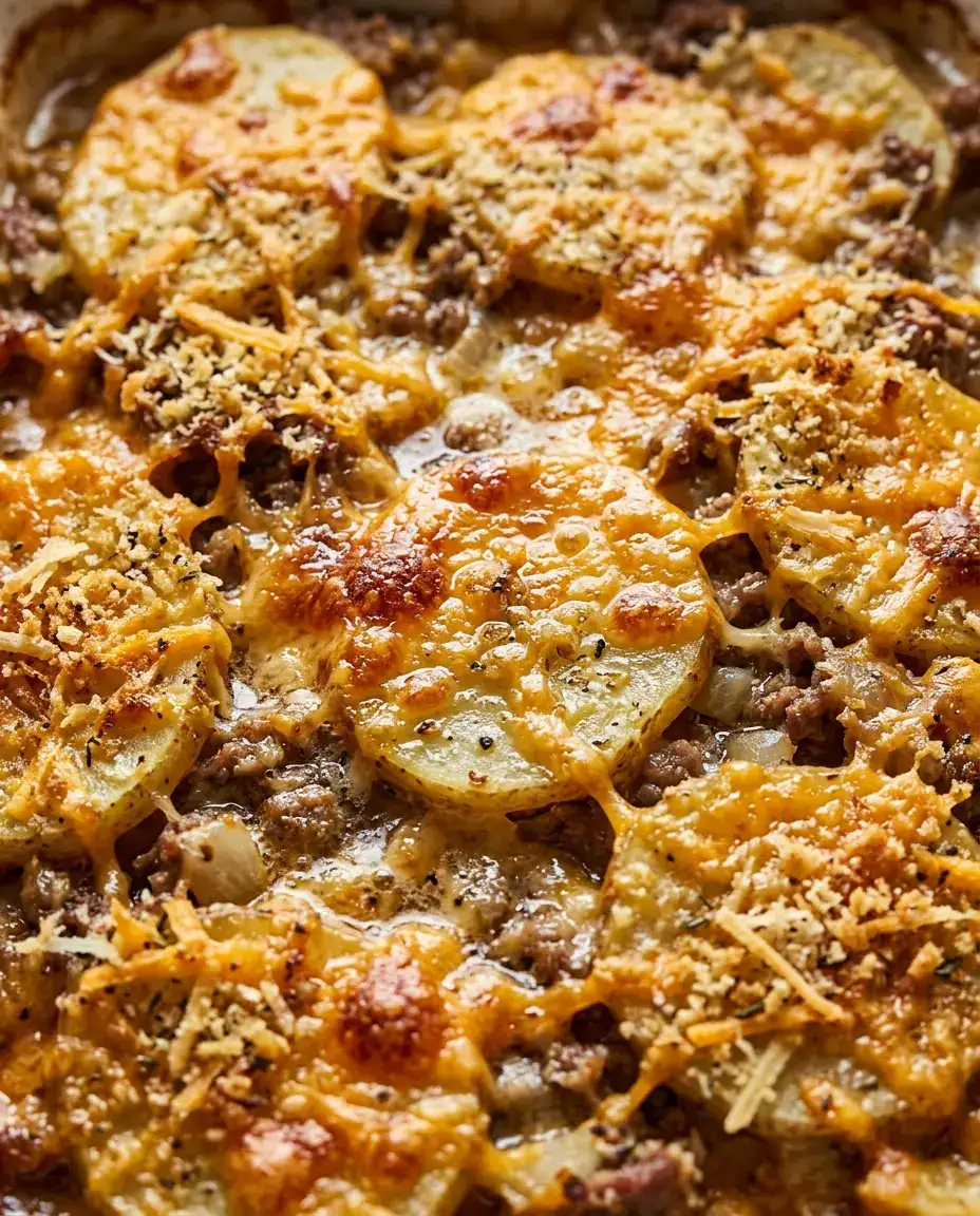 Hamburger Potato Casserole With Cheesy Beef Layers Close-up of golden hamburger potato casserole with melted cheese and potato layers