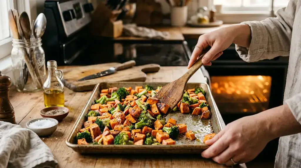 Sheet pan with sweet potatoes and broccoli being tossed for high protein lunch meal prep