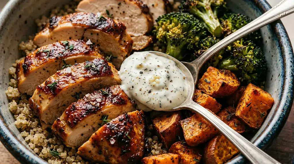 Close-up of high protein lunch meal prep with chicken, sweet potatoes, broccoli, and a spoonful of sauce