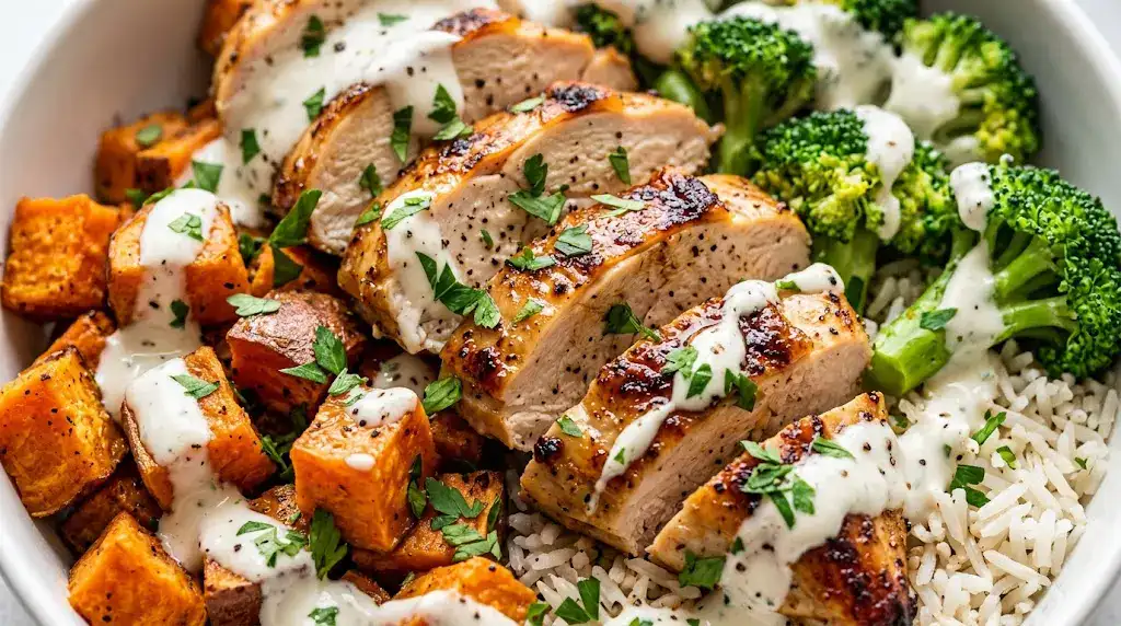 Close-up of high protein lunch meal prep with chicken, sweet potatoes, broccoli, and yogurt sauce