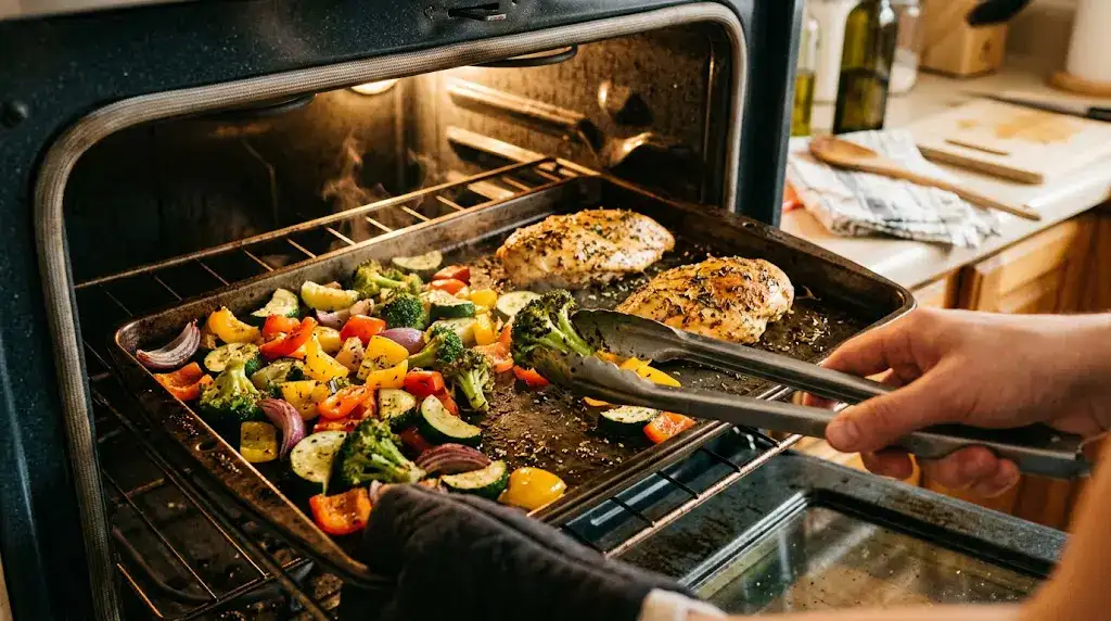 High Protein Meal Prep Ideas for Quick Healthy Meals High protein meal prep in oven with chicken and roasted vegetables being turned by hands with tongs.