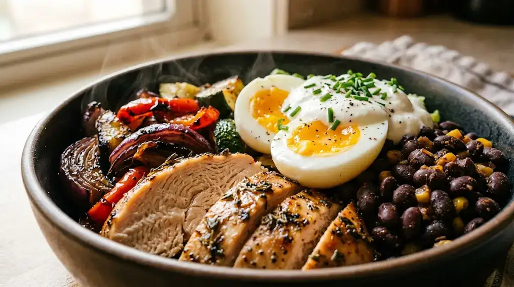 High Protein Meal Prep Ideas for Quick Healthy Meals Close-up of high protein meal prep with roasted chicken, caramelized vegetables, black beans, eggs, and Greek yogurt.