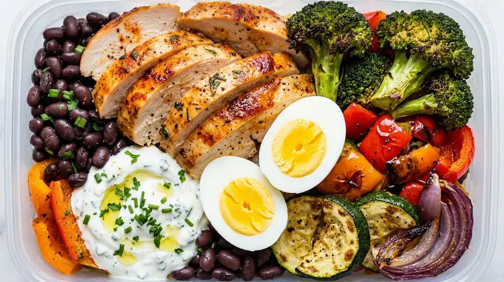 High Protein Meal Prep Ideas for Quick Healthy Meals Close-up of high protein meal prep with chicken, roasted vegetables, black beans, eggs, and Greek yogurt.