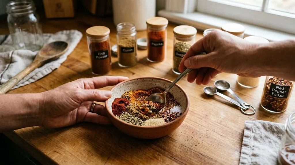 Hands mixing chili, cumin, paprika, and herbs to create homemade taco seasoning