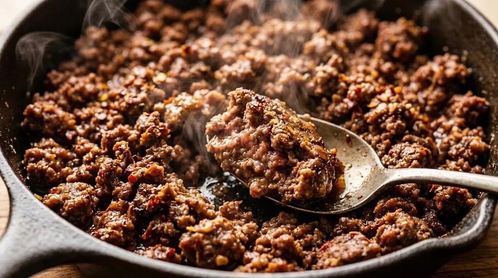 Close-up of tender ground beef with homemade taco seasoning ready to serve